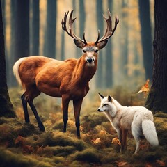 A beautiful Deer and a beautiful fox all in wood nature - 1