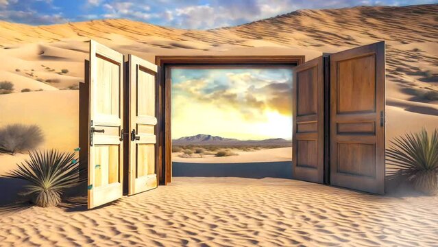 Beautiful view with open Door in desert. Illustration concept of unknown and getting started. 4K time lapse virtual animated background
