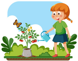 Girl Watering Tomato Plant with Butterfly in Garden