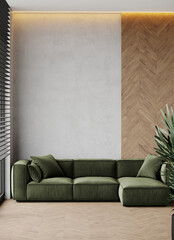 Modern rich livingroom with olive green accent sofa and beige herringbone. Gray plaster decorative stucco wall of microcement texture. Mockup premium interior lounge design or office. 3d render 