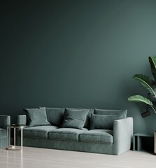 Premium living room or reception with a dark greenish paint wall accent and emerald furniture sofa. Empty trend color background mockup art. Modern style lounge or office hall. 3d render. 