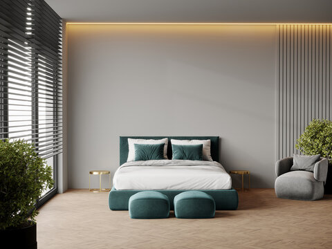 Premium green and gray bedroom hotel room or home with a big bed in the center. Colorful turquouse teal bedding. Empty background for art or wallpaper, picture. Painted background wall. 3d render 