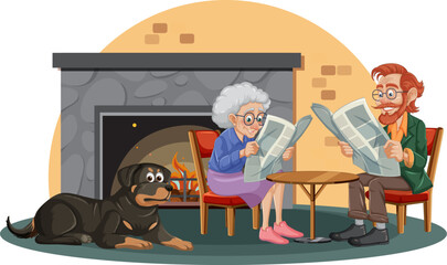 Elderly Couple Reading Newspaper with Rottweiler Dog
