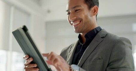 Business man, tablet and happy for stock market results, investment planning or reading financial report. Professional asian person or trader scroll on digital technology, trading and data analysis - Powered by Adobe