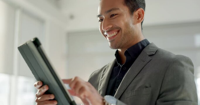 Business man, tablet and happy for stock market results, investment planning or reading financial report. Professional asian person or trader scroll on digital technology, trading and data analysis