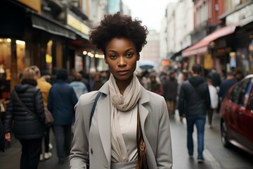 a sleek and stylish young afro black woman looking into the camera at Street of London, smooth and shiny. generative AI - obrazy, fototapety, plakaty