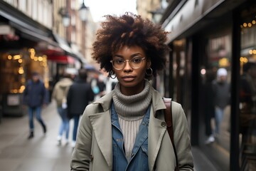 a sleek and stylish young afro black woman looking into the camera at Street of London, smooth and...