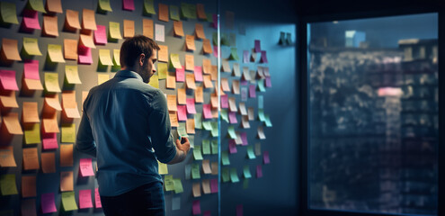 Businessman looking at a wall full of notes. Concepts, new ideas and action plan - obrazy, fototapety, plakaty