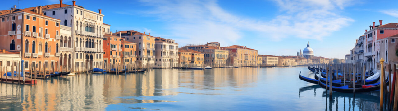Quiet and beautiful European floating houses and ships in various colors under a clear sky., 32:9 ratio, 8K