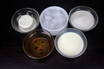 Coffee, milk, yogurt, ice cream, sugar ingredients are used to make cold coffee