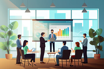 Business presentation with data, graphs, charts, financial analysis, stats, math, insight, concept of meeting, conference, discussion, return on investment, ROI, ROE, equity ratio, profit, revenue