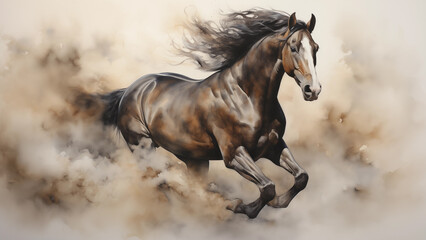 Dynamic view of a running horse painted on old paper with watercolor