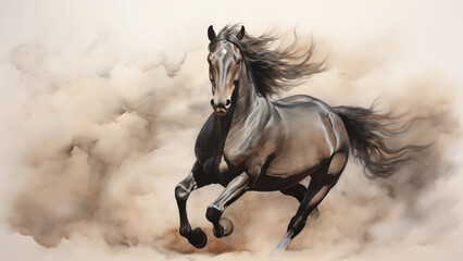 Dynamic view of a running brown horse painted on old paper with watercolor, 8K