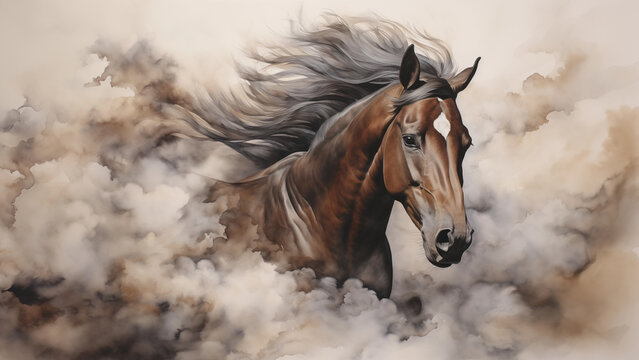 Dynamic view of a running horse painted on old paper with watercolor