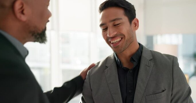 Business men, shaking hands with interview or collaboration in meeting, communication and networking. Working together, discussion and corporate partnership, feedback and hr with handshake and talk
