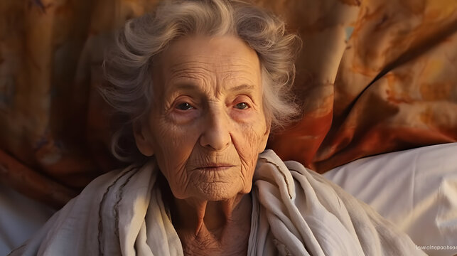 an old woman with a scarf sitting in bed