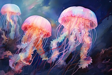 watercolor Jellyfish Ocean Water Jellyfish watercolor illustration. Medusa painting - obrazy, fototapety, plakaty