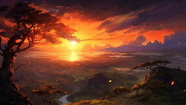 Beautiful natural scenery at sunset in the fall. Cartoon or anime watercolor painting illustration style. seamless looping virtual video animation background. Generated with AI