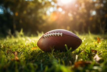 An American football rests on the grass, embodying the style of classic Americana with lens flare, pastoral charm, and a pop-culture-infused, tonalist approach.
