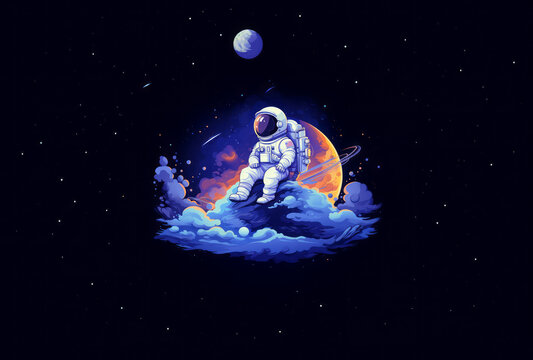 An astronaut sitting on a cloud, featuring childlike illustrations, retrocore, playful animation, clever wit, and lit kid vibes.