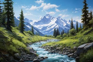 Fototapeta premium A flowing stream in fantasy landscapes, featuring realistic blue skies, usage of light and color, and an overall dreamy atmosphere.