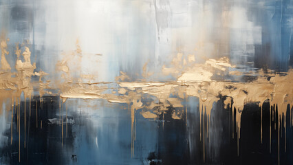 Abstract painting of gold oil paint flowing on a grunge blue wall, for wallpaper, 8K