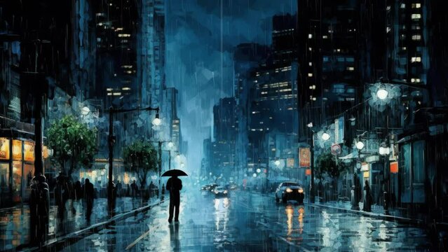 Seamless loop animation. People, Urban Commuters Waiting, Standing Rainy Night City Holding Umbrella. Photorealistic silhouette. High tech city lights --c 50. Created using Generative AI Technology
