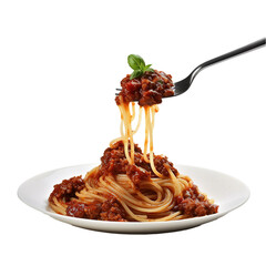 Spaghetti with sauce bolognese isolated on white transparent background, hanging on a fork isolated on transparent or white background, png, cutout