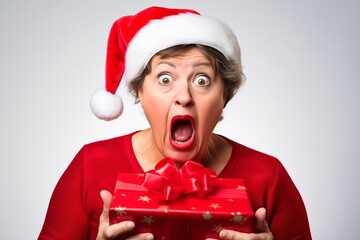 Bewildered mature woman mouth agape wearing Santa suit, red hat with white fur holding gift box, funny and happy mood, looking surprised, amazing eyecatching model posing in studio on white background - obrazy, fototapety, plakaty