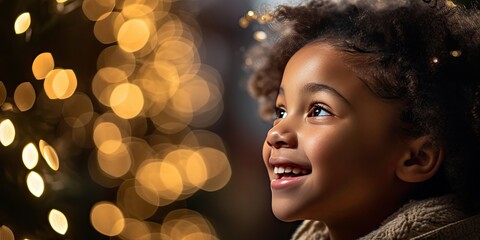 a child smiling at a light up Christmas tree, generative AI