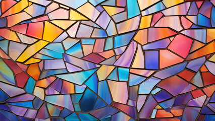 Beautiful stained glass with translucent polygonal shapes in blue and red colors