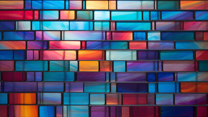 Beautiful stained glass with translucent polygonal shapes in blue and red colors