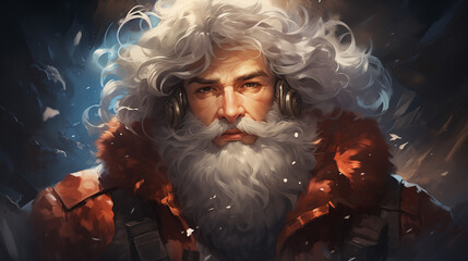 Anime Portrait of Wild and Handsome Santa Claus with Grey Hair, Wearing Headphones - Animated Illustration