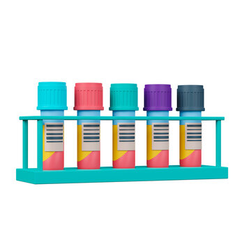Blood sample in tubes on rack with barcode label. 3d render.
