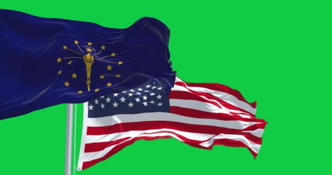 Indiana state flag and the american flag waving isolated on green background