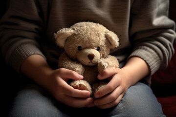 Closeup of a child's hands holding teddy bear, alone, loneliness, isolation, anxiety, depression, childhood