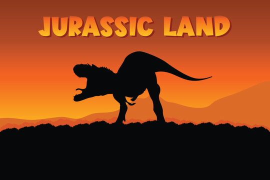 Jurassic Land Tyrannosaur T Rex Dinosaur Silhouette on Orange Background