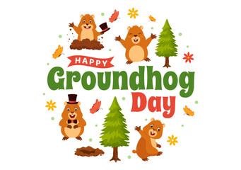 Obraz na płótnie Canvas Happy Groundhog Day Vector Illustration on February 2 with a Groundhog Animal Emerged from the Hole Land and Garden in Background Cartoon Design