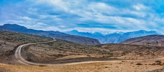 Panorama of road in Himalayas. Spiti Valley, Himachal Pradesh, India