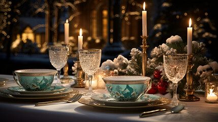 Fototapeta na wymiar candles in a church, Luxury banquet table with ornate crockery, silverware, and crystal wineglass 