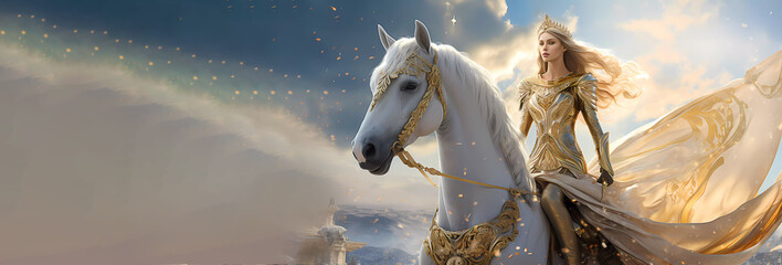 A girl in gold jewelry on a white horse. White-gold. Princess. Banner. Generated AI. Edited in Photoshop