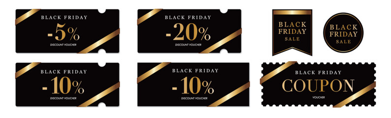 ブラックフライデーセールに使えるシックな黒と金のクーポンベクターデザイン素材セット2