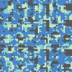Military camouflage with pixel patterns. Blue seamless pixel camo. Army and hunting camouflage ornament.
