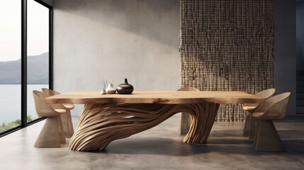 Natural wooden slab dining table and wicker chair - obrazy, fototapety, plakaty
