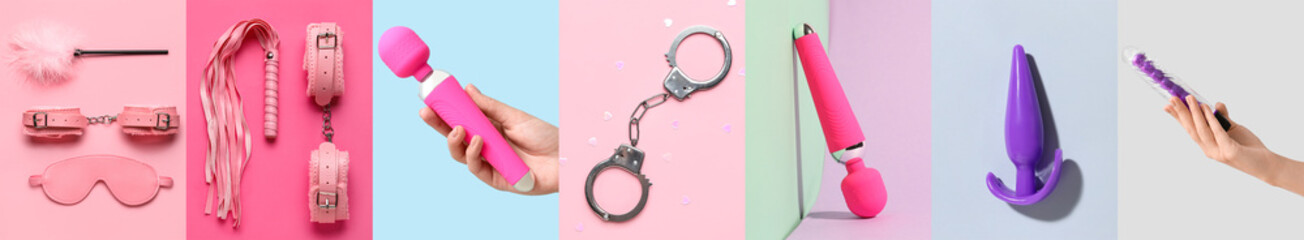 Group of accessories from sex shop on color background