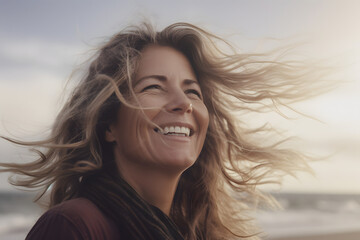 happy smiling mature woman with loose hair in the wind at the beach
