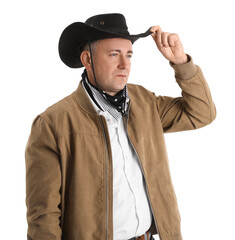 Mature cowboy on white background