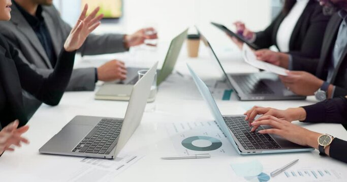 Hands of business people at meeting, typing on laptop for collaboration and teamwork, paperwork or agenda. Networking, group of men and women with computer, online market research and office workshop