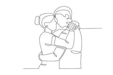 A pair of romantic lovers hugging each other. National hugging day one-line drawing