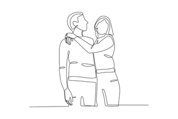 The embrace of a cute couple. National hugging day one-line drawing